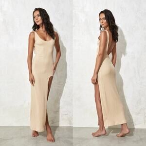 Flook The Label Tan Ribbed Knit Estelle Dress Sleeveless Tank Maxi High Slit L